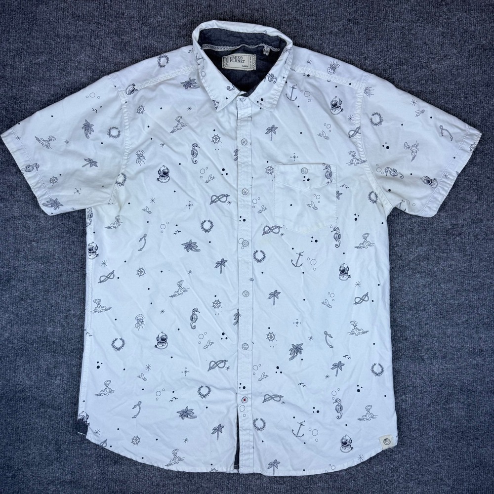 Free Planet Mens White Tropical Print Short Sleeve Button Up Shirt Sz Large